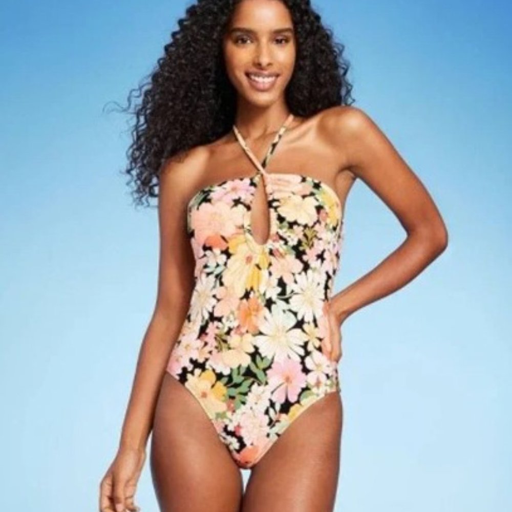 Shade & Shore Halter Keyhole Bandeau One Piece Swimsuit - Floral